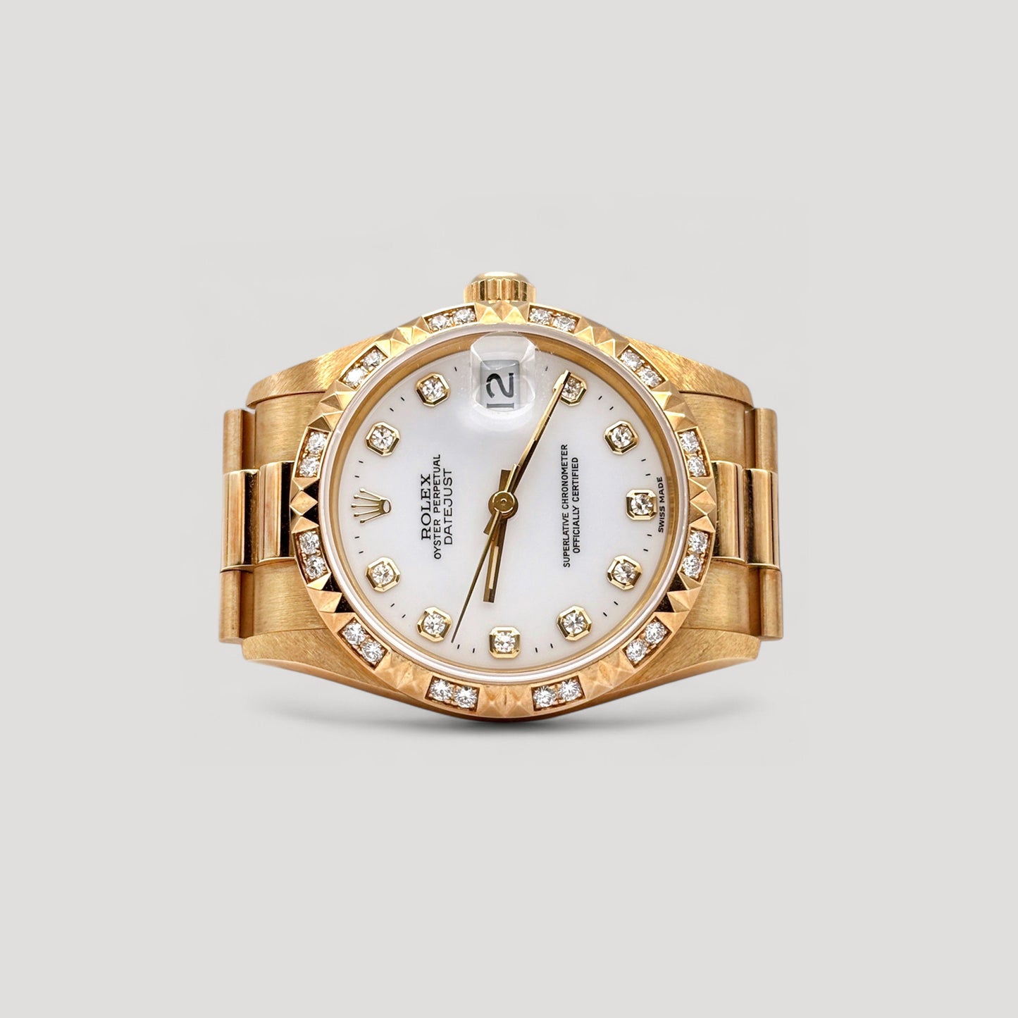 LNIB Rolex Datejust White w/ 10 Points Diamond & Diamond Bezel President Yellow Gold 31mm 68258