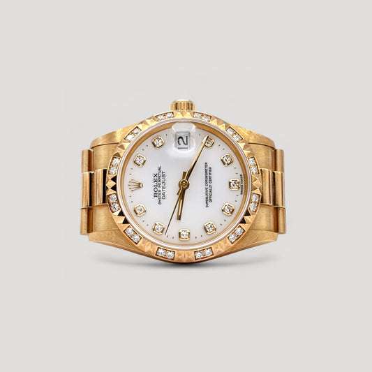 LNIB Rolex Datejust White w/ 10 Points Diamond & Diamond Bezel President Yellow Gold 31mm 68258