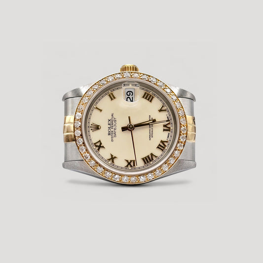 Mint Rolex Datejust Ivory Cream Roman w/ Custom Diamond Bezel Jubilee 31mm 68273