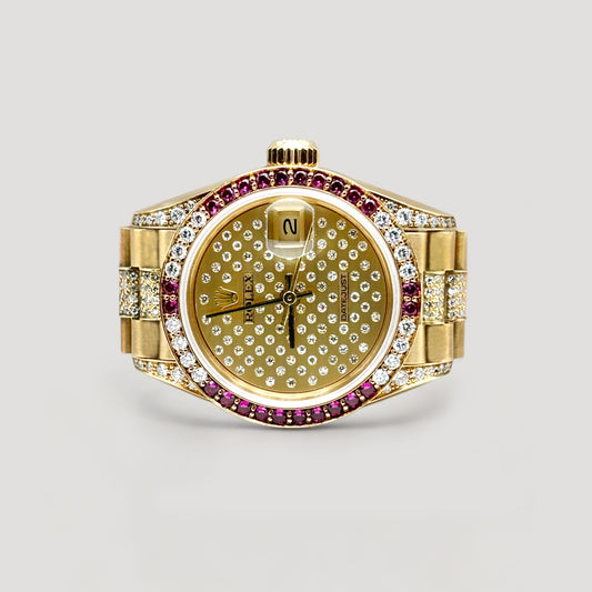 Rare Rolex Datejust Lady Queen "President" Factory Diamond Ruby Bezel, Lugs & Dial w/ Factory Diamond Bracelet YG 26mm 69038