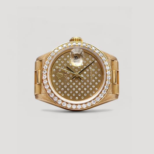 Mint Rolex Datejust Lady Queen Pleiades Diamond Dial & Factory Diamond Bezel "President" Yellow Gold 26mm 69138
