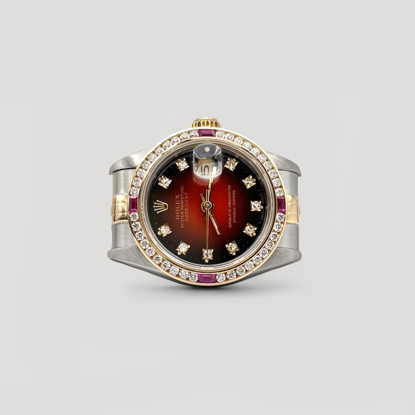 Mint Rolex Datejust Red Vignette w/ 10 Points Diamond & Custom Diamond Bezel Jubilee 26mm 69173
