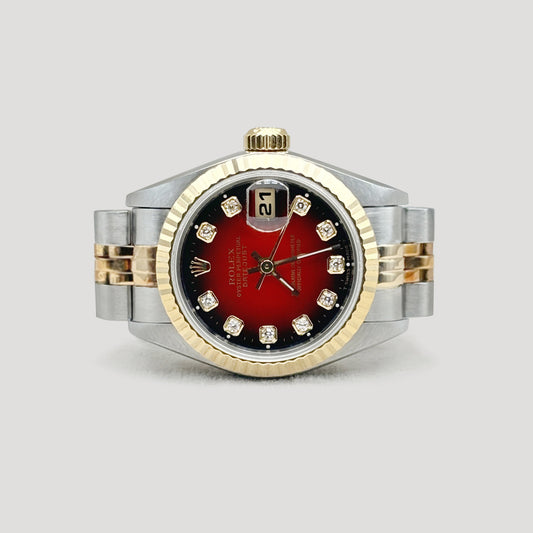 Mint Rolex Datejust Red Vignette w/ 10 Points Diamond 2 Tone Red Jubilee Half Gold 26mm 69173