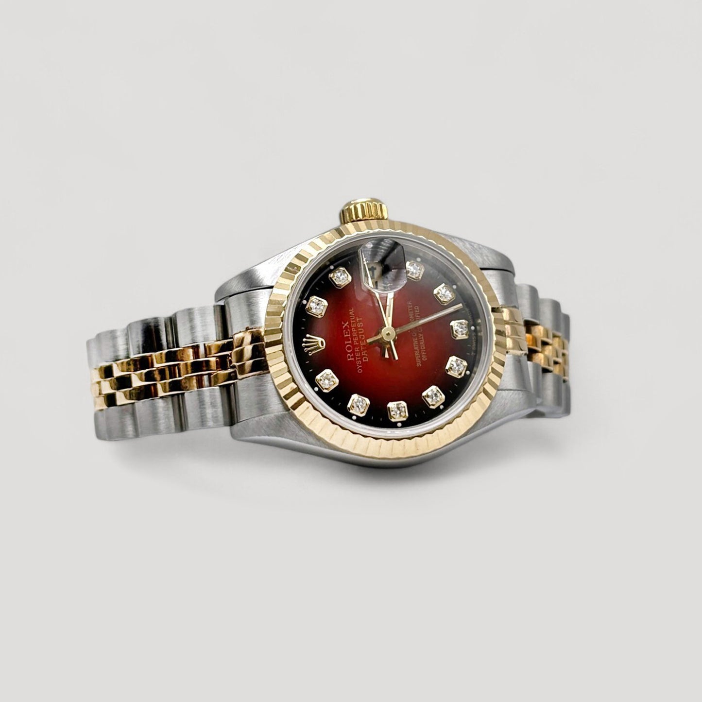 Mint Rolex Datejust Red Vignette w/ 10 Points Diamond 2 Tone Red Jubilee Half Gold 26mm 69173