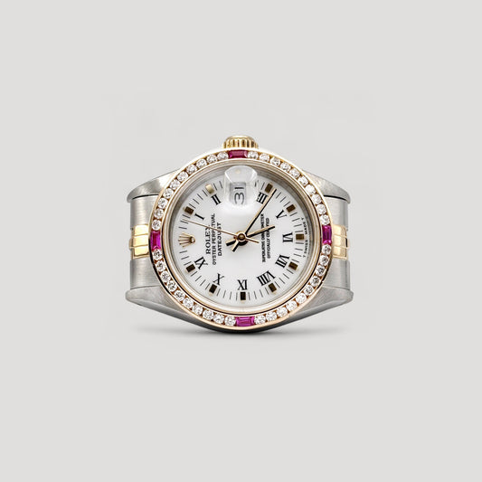 Mint Rolex Datejust White Roman w/ Custom Diamond Bezel Jubilee 26mm 69173