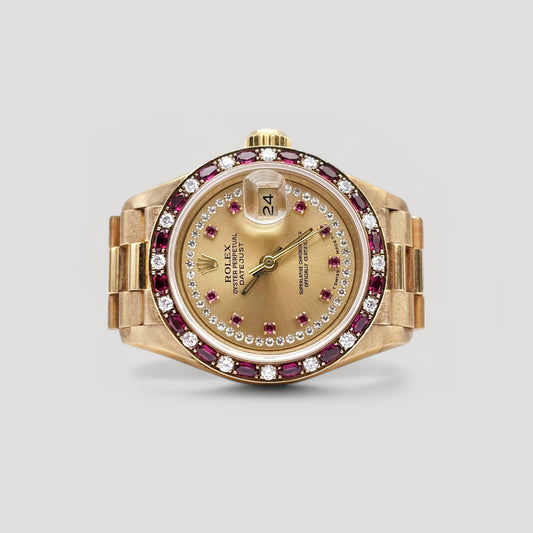 Rare Rolex Datejust Lady Queen "President" Factory Ruby & Diamond YG 26mm 69198LR
