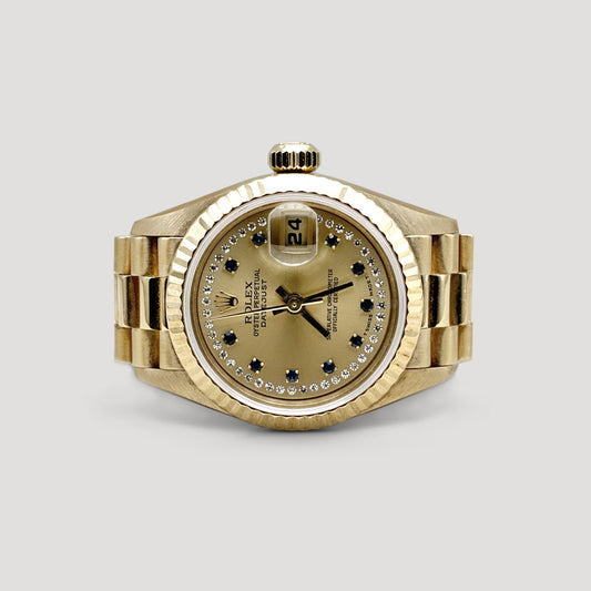 Mint Rolex Datejust Lady Queen Champagne w/ Sapphire Diamond President Yellow Gold 26mm 79178