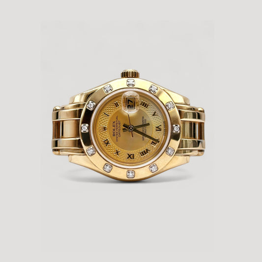 Rolex Datejust Pearlmaster Decorated Champagne MOP Roman with Factory Diamond Bezel YG 29mm 80318