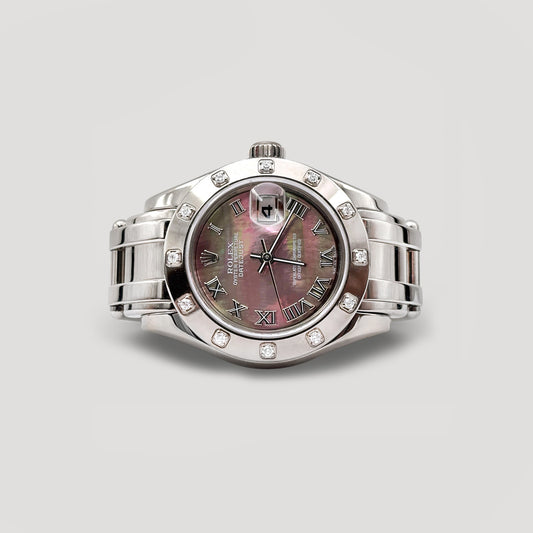 Mint Rolex Datejust Pearlmaster MOP Roman w/ Factory Diamond Bezel White Gold 29mm 80319