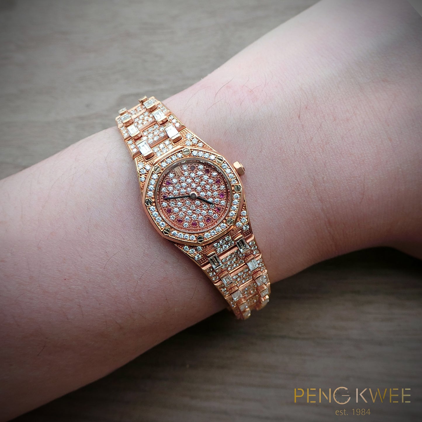 Rare Audemars Piguet AP Royal Oak Mini Paved Diamond w/ Ruby & Baguette Diamond 18K Rose Gold 20mm 67173OR.Z.1114OR.01
