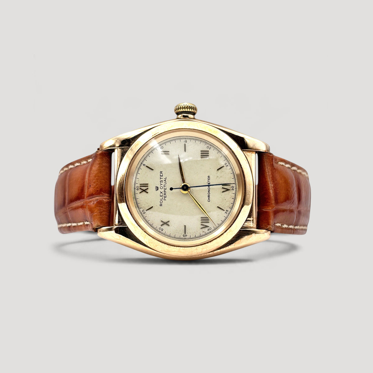 Rolex Oyster Perpetual Chronometer Bubbleback Cream Roman Leather Yellow Gold 5051 32mm